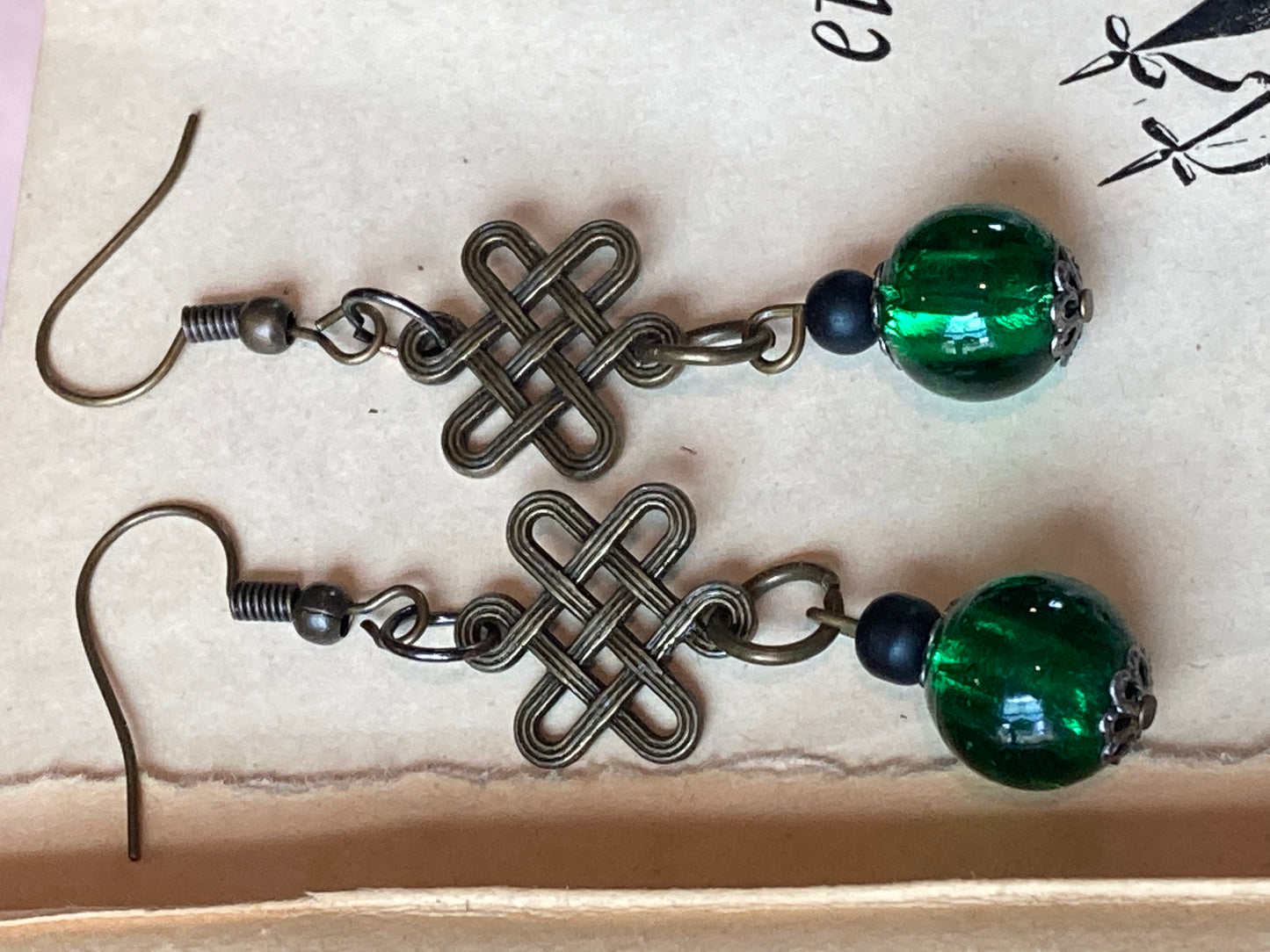 Celtic Knot Earrings with green crackle glass beads