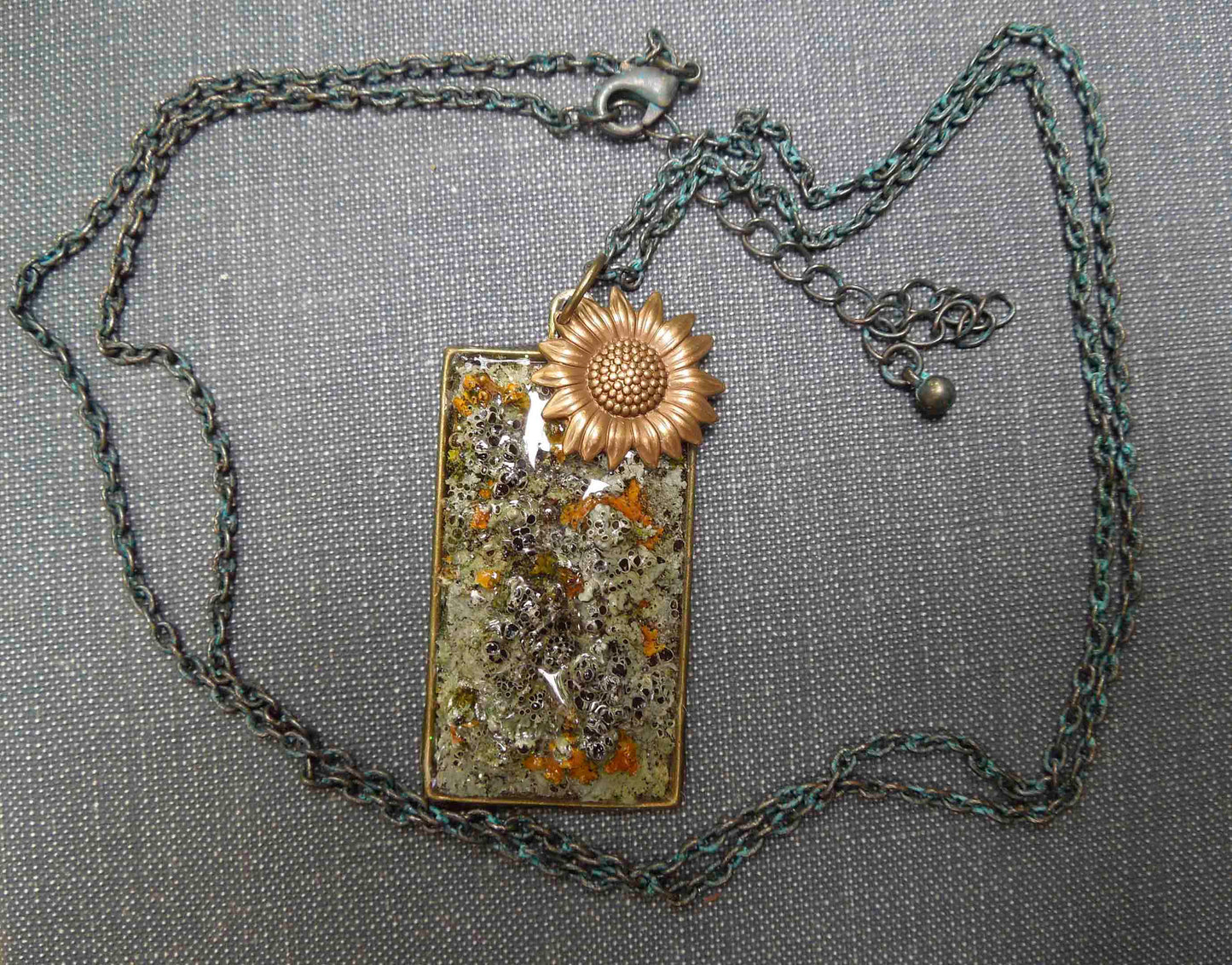Pure Michigan Lichen necklace with bronze flower accent charm