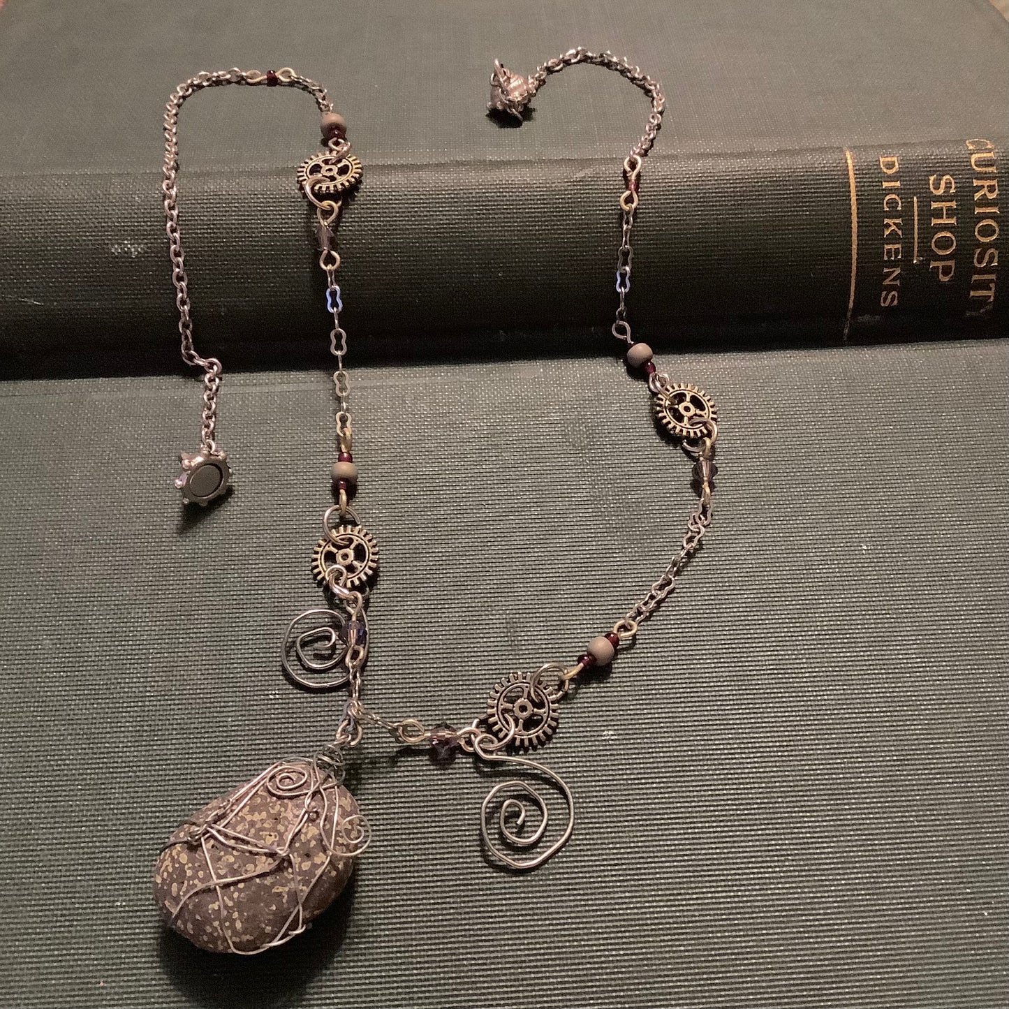 Whimsical StEaMpUnK Necklace with wire-wrapped stone pebble from Lake Superior Keweenaw Michigan