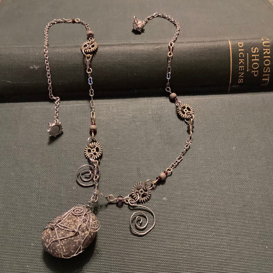 Whimsical StEaMpUnK Necklace with wire-wrapped stone pebble from Lake Superior Keweenaw Michigan