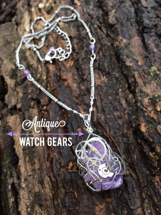 Rough AMETHYST Purple Crystal wire-wrapped with steampunk watch sprockets and gears