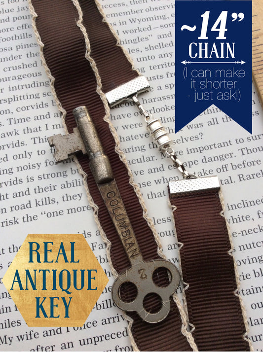 Steampunk brown ribbon choker necklace with a REAL - AnTiQuE - key COLUMBIAN 2