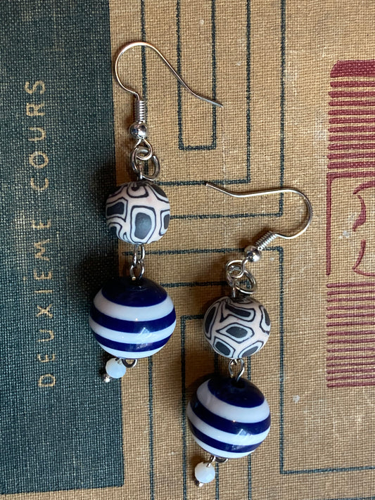 Blue Beaded Dangly Earrings - stripes and clay beads