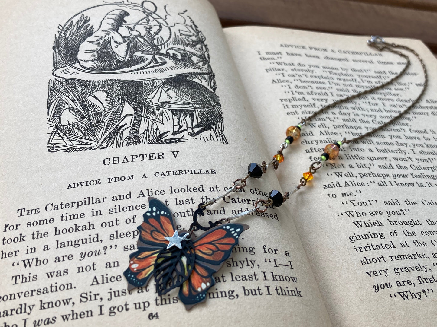 Monarch Butterfly - printed on brass pendant - orange and black beads - Fairycore