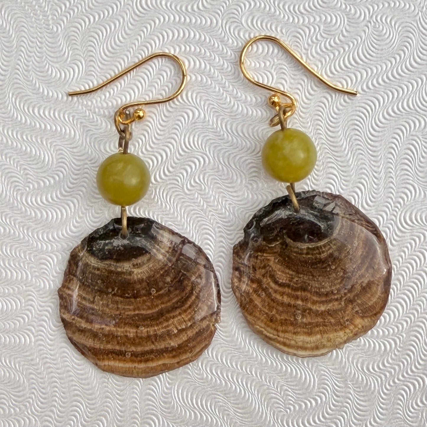 False Turkey Tail fungus Mushroom Discs in resin on GOLD-PLATED Earrings with green stone beads