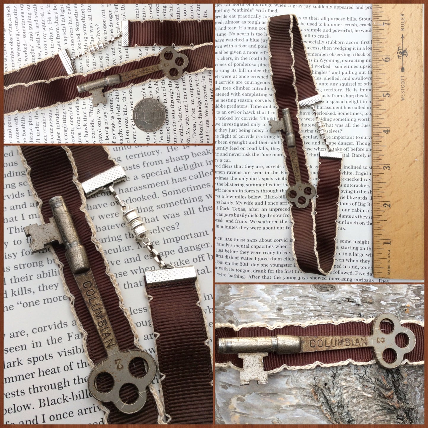 Steampunk brown ribbon choker necklace with a REAL - AnTiQuE - key COLUMBIAN 2