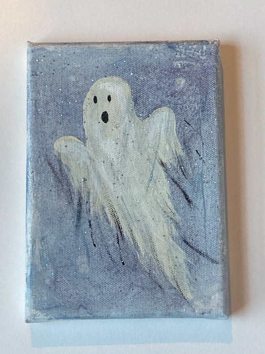 Gilbert the Ghost - 5x7” canvas painting with glitter varnish