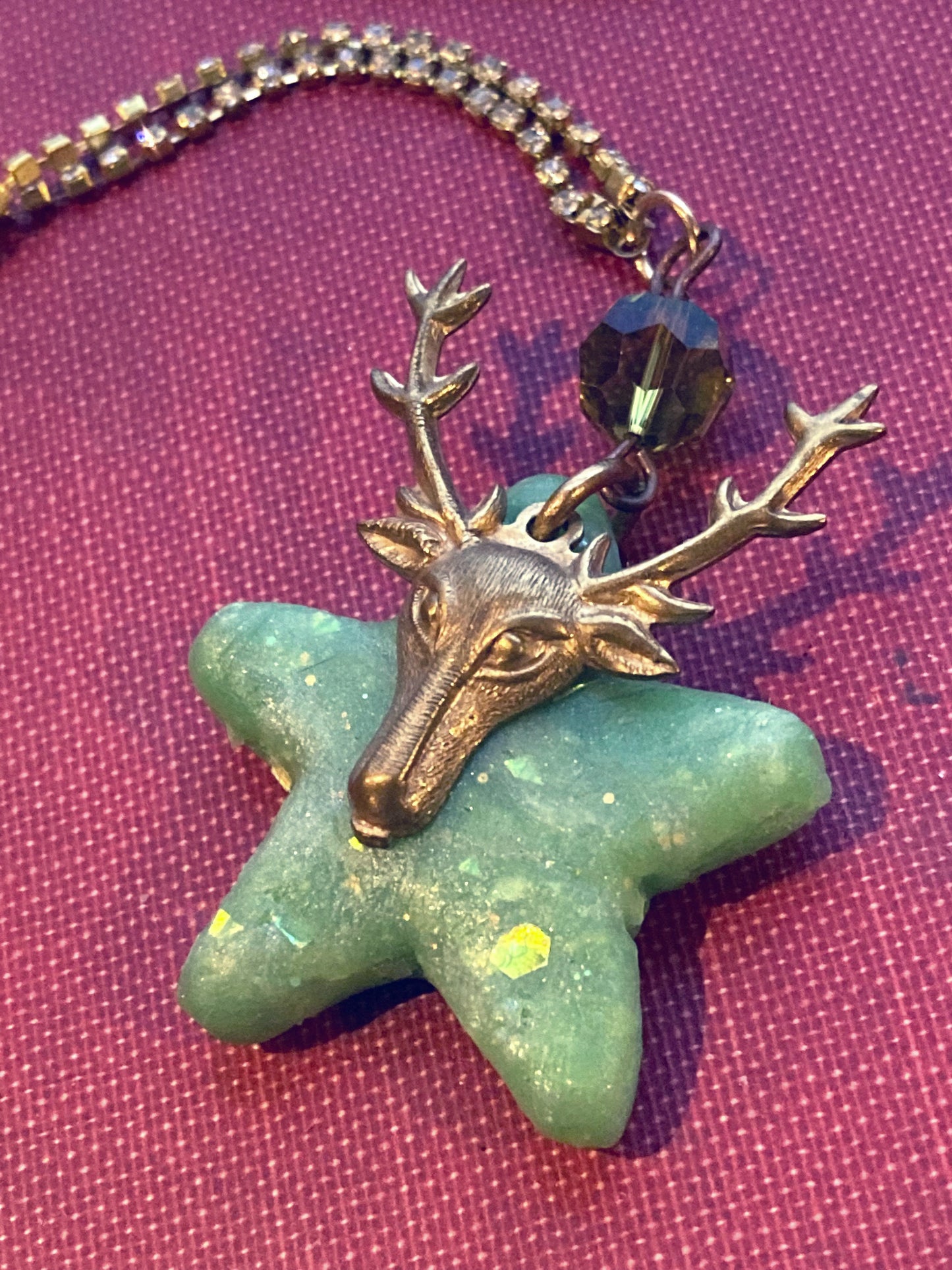 Stag Deer Brass Charm over Polymer Clay Star on rhinestone necklace chain