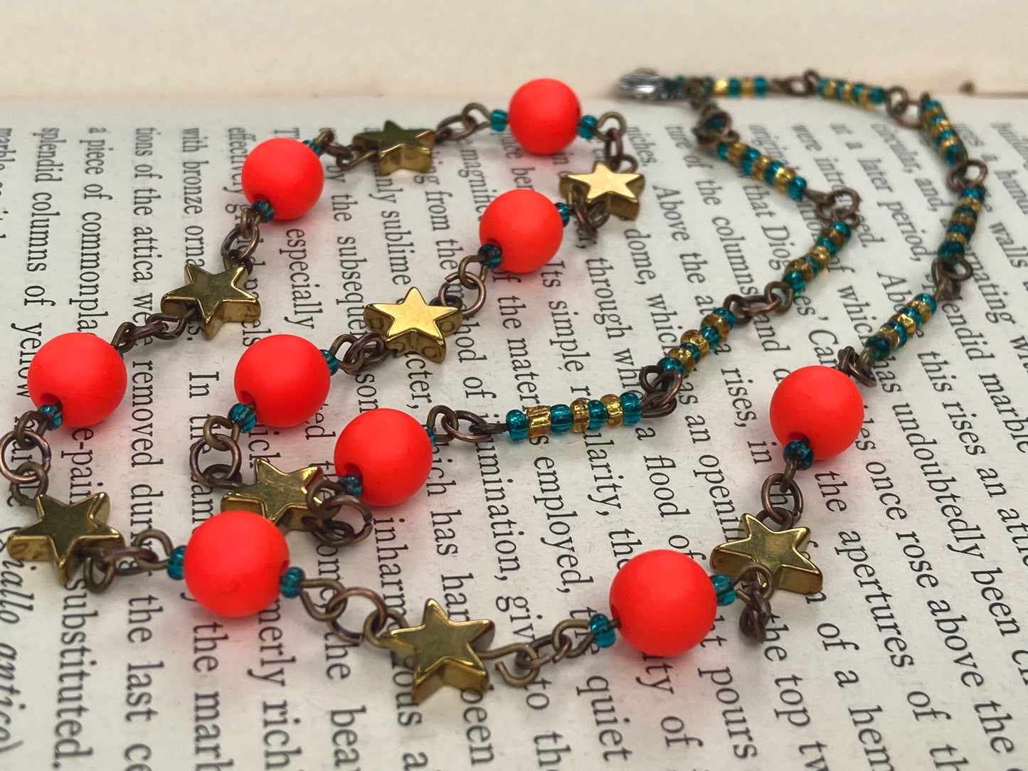 Neon Safety Red beads with gold stars BOLD Necklace