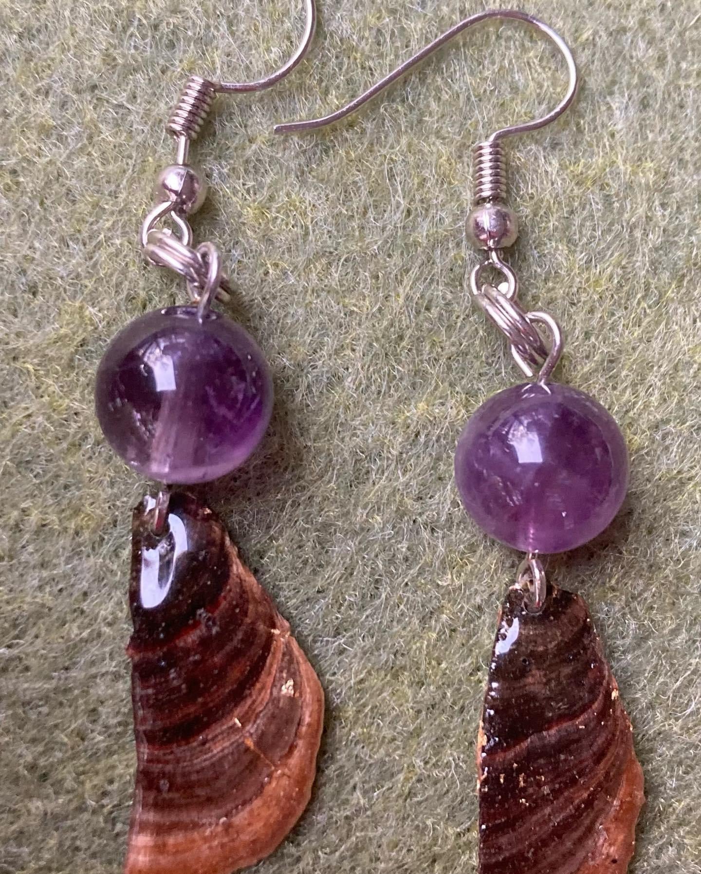 Dried Mushroom in resin Earrings with purple amethyst beads