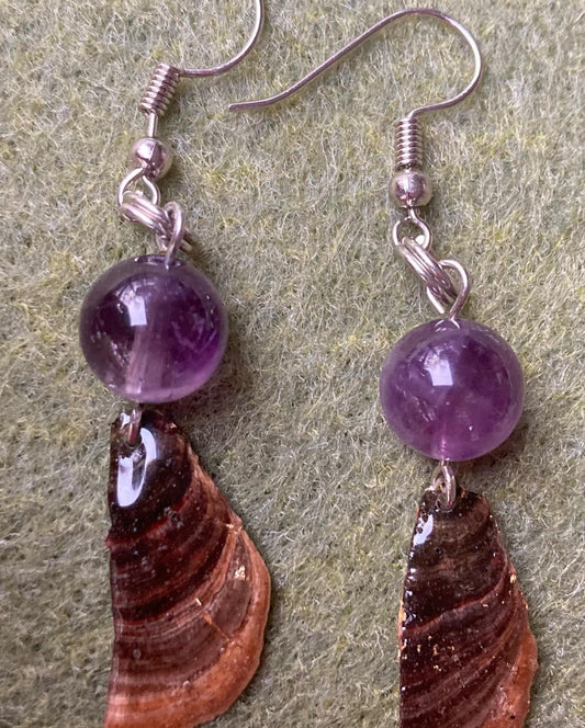 Dried Mushroom in resin Earrings with purple amethyst beads