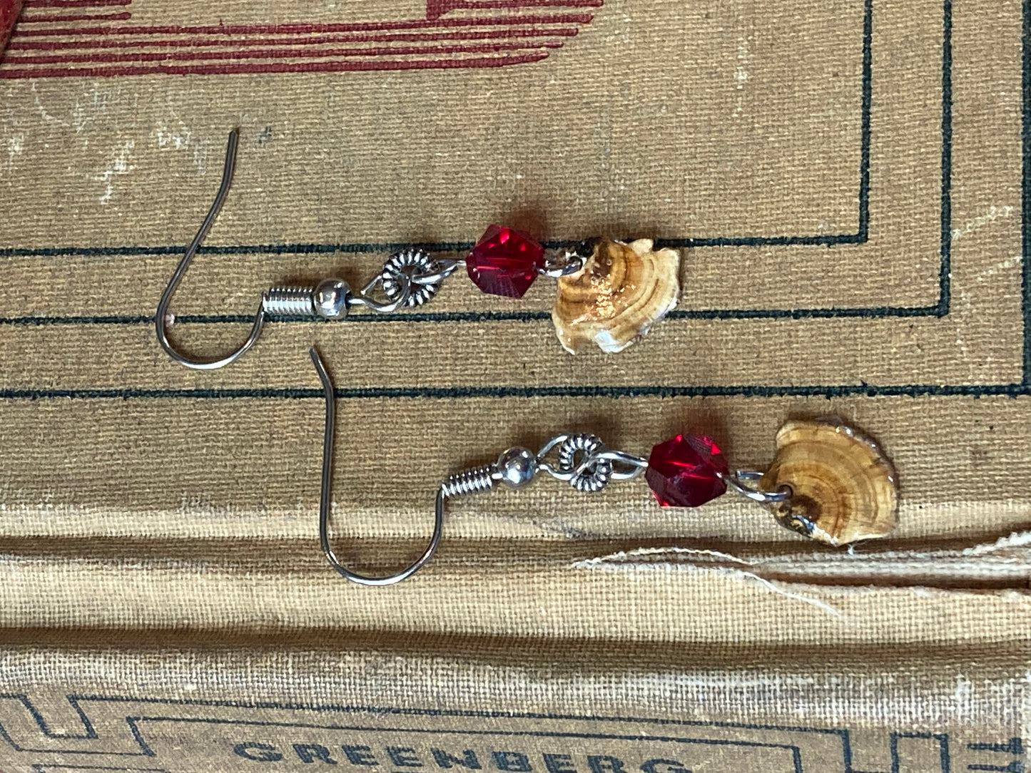 Tiny Dried Mushroom in resin Earrings with red Swarovski