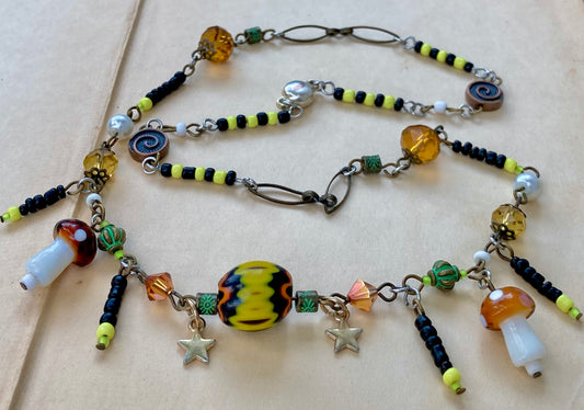 Swamp Nature Beaded Necklace with mushrooms and fireflies - Fiona’s Favorite