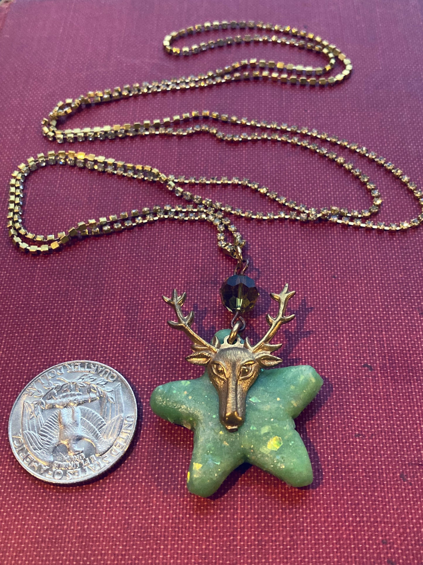 Stag Deer Brass Charm over Polymer Clay Star on rhinestone necklace chain