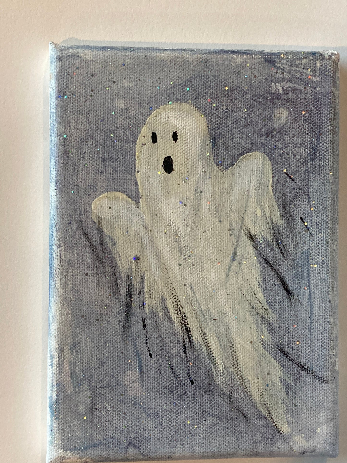 Gilbert the Ghost - 5x7” canvas painting with glitter varnish