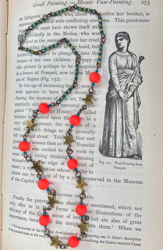 Neon Safety Red beads with gold stars BOLD Necklace