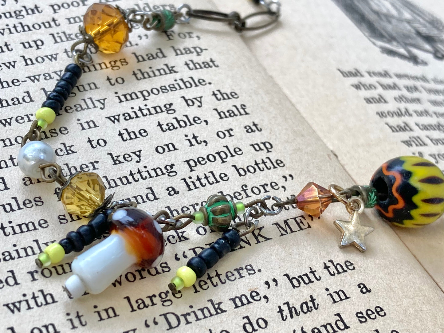Swamp Nature Beaded Necklace with mushrooms and fireflies - Fiona’s Favorite