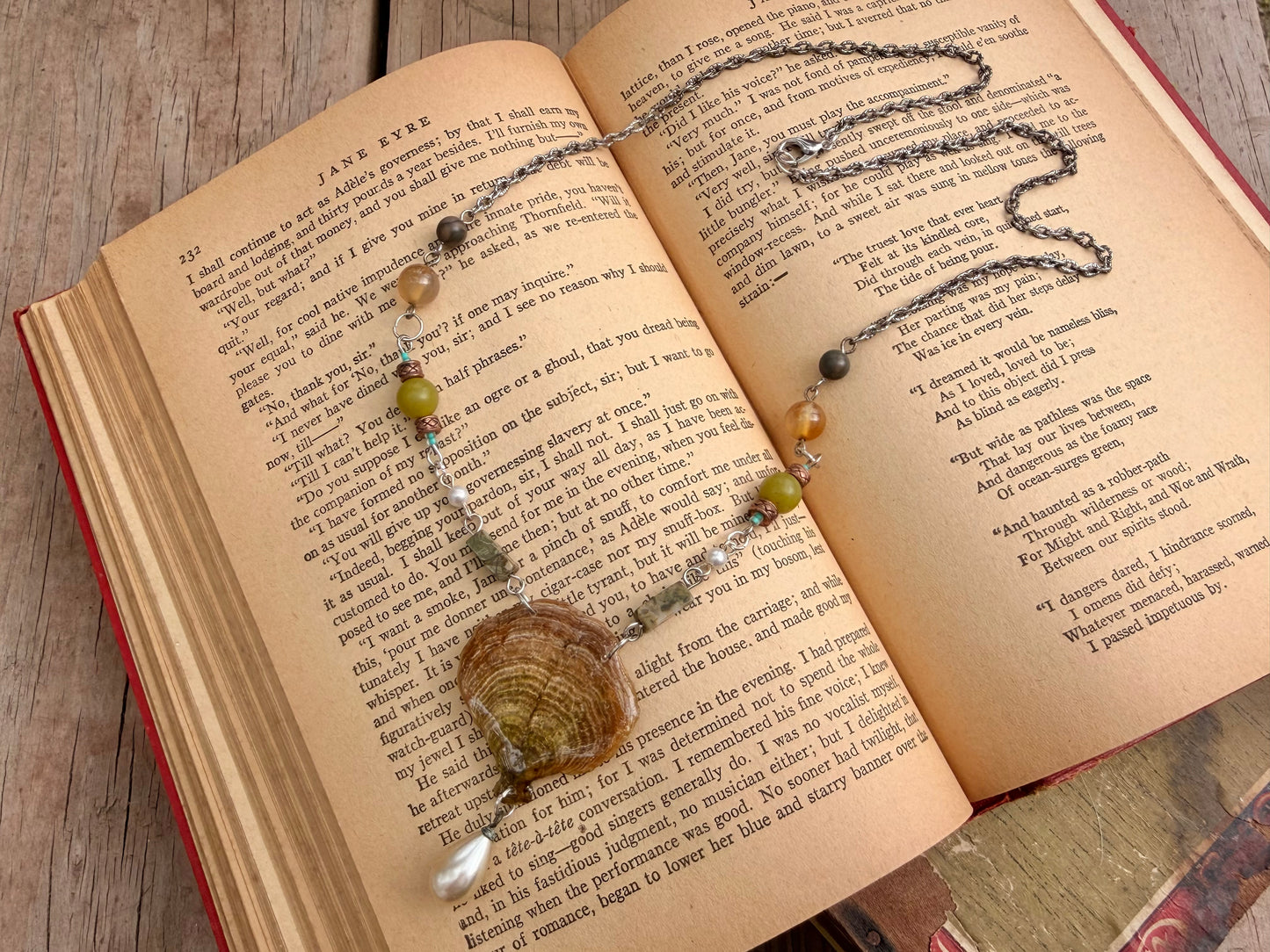 Purple Tooth Mushroom Fungus necklace with antique pearl drop charm and gemstone and glass beads