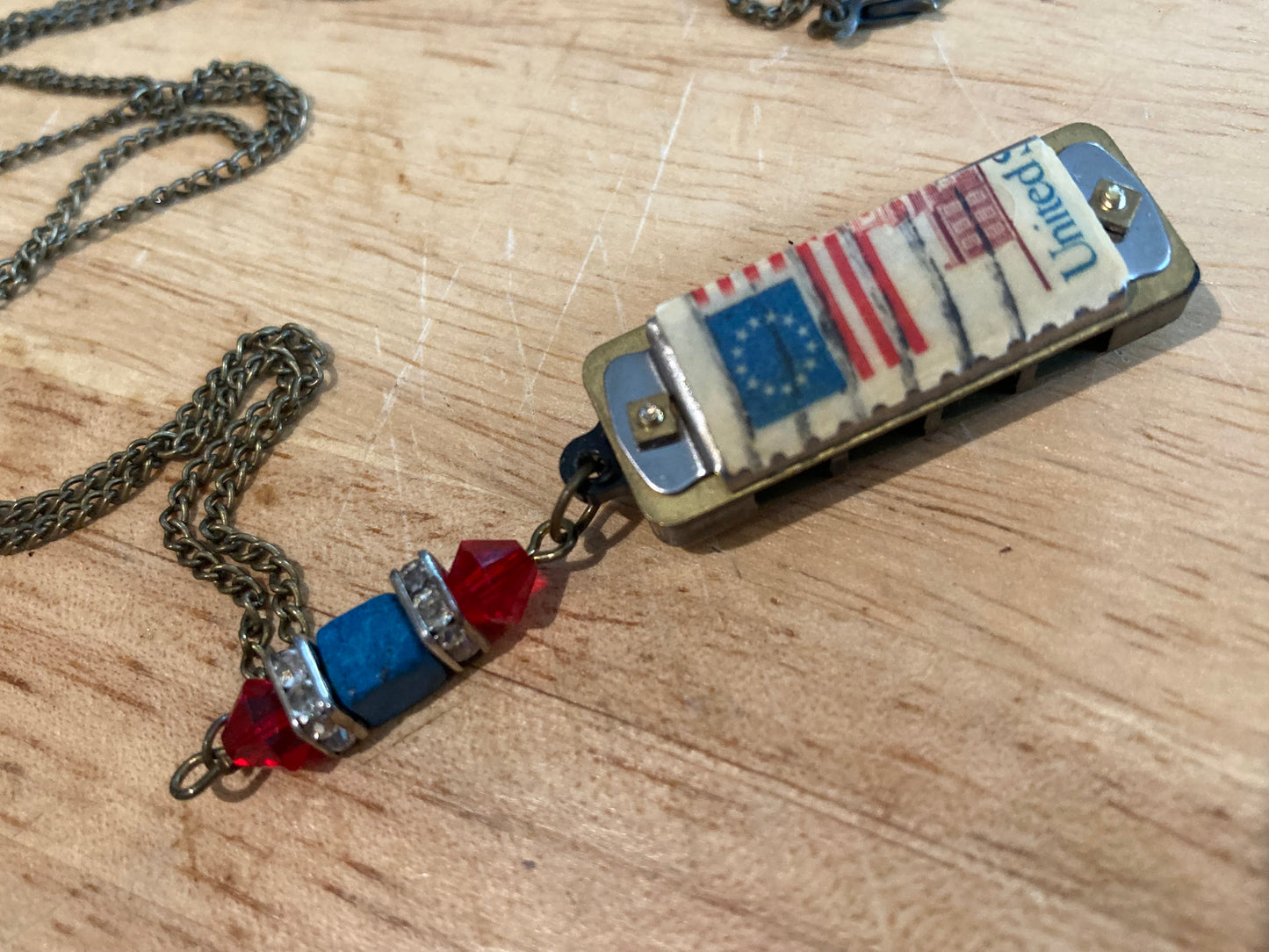 Miniature *Working* Harmonica Fidget Necklace with USA Flag Postage Stamp & Swarovski Crystals