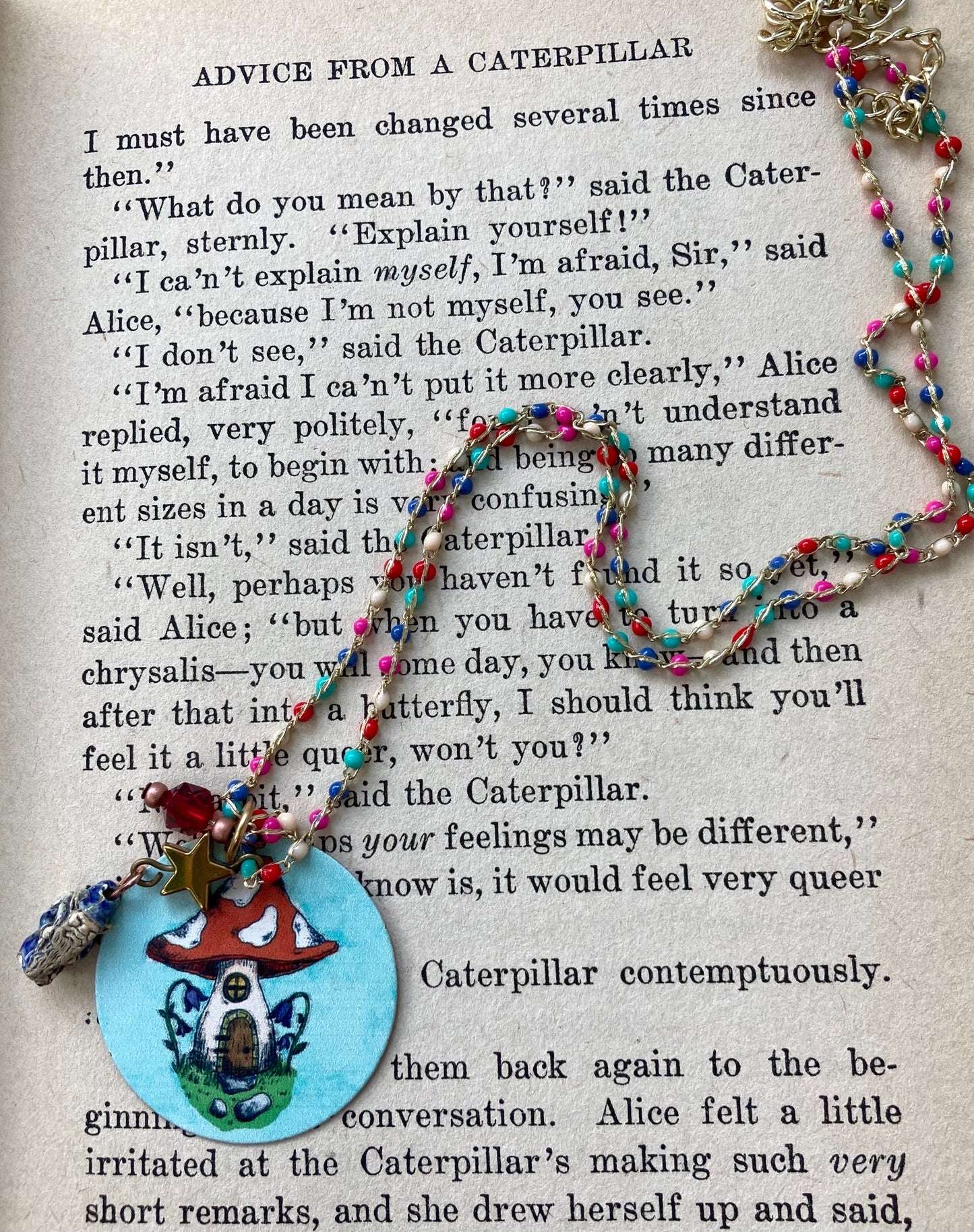 Gnome Sweet Home - mushroom necklace with tiny ceramic troll bead