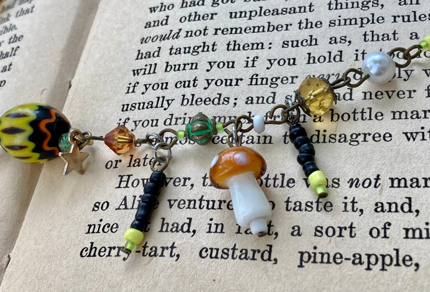 Swamp Nature Beaded Necklace with mushrooms and fireflies - Fiona’s Favorite