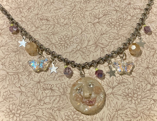Fairycore Celestial Moon Face & Silvery Stars Charm Necklace - adjustable