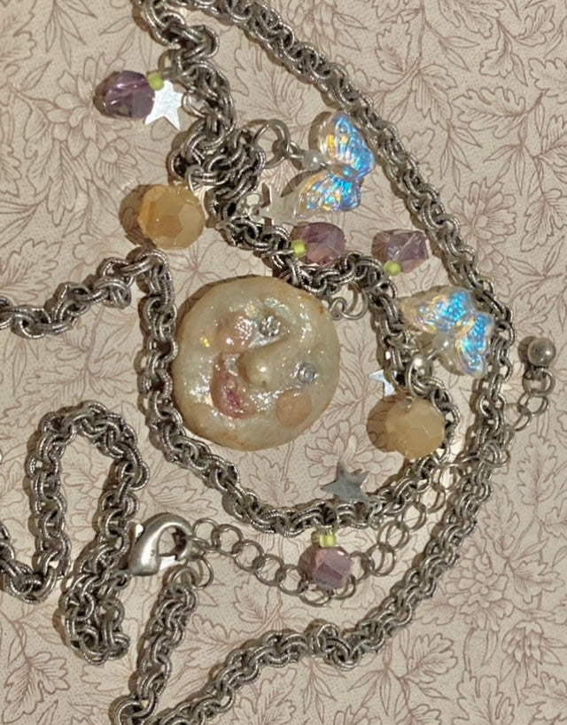 Fairycore Celestial Moon Face & Silvery Stars Charm Necklace - adjustable