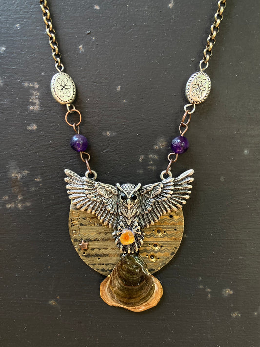 Whimsical STEAMPUNK Owl pendant with REAL dried NATURE Michigan mushrooms in resin, amethyst beads, & antique pocket watch parts