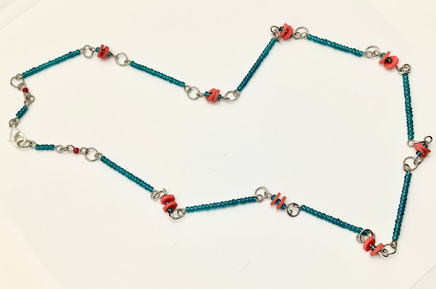 Bright Red Blue - Funky Beaded HANDMADE Chain Necklace - Retro Cute