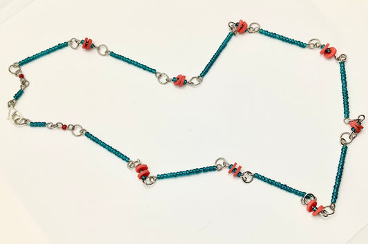 Bright Red Blue - Funky Beaded HANDMADE Chain Necklace - Retro Cute